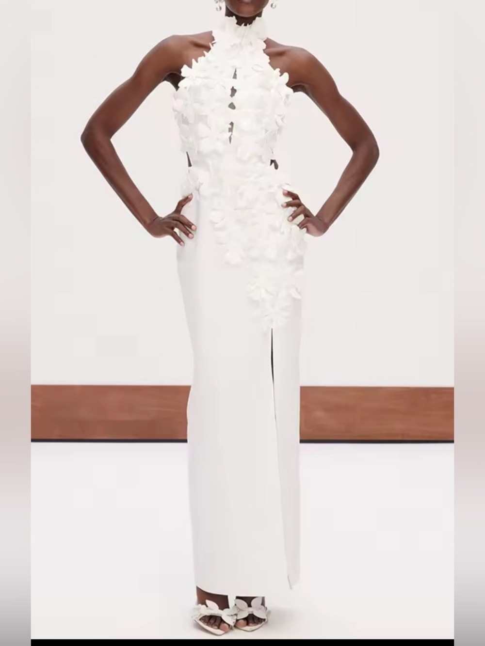 NEW $425 Milla White Halter Gown with 3D Floral Appliqué